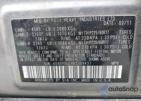 2011 Subaru Outback 2.5I Premium из США, поврежденный, VIN 4S4BRBGC4B3399437